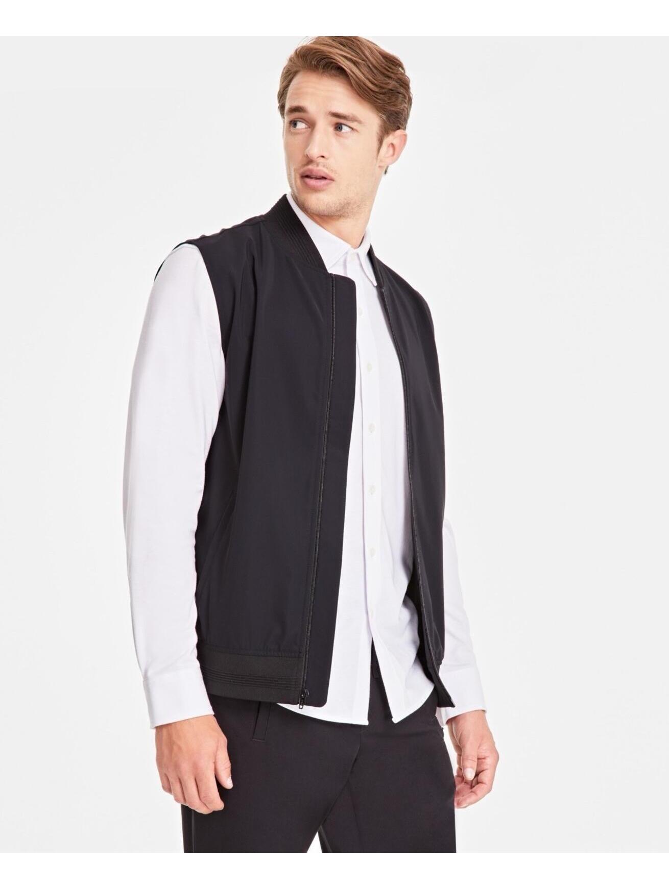 $79 Alfani Mens Alfatech Zipper Vest Deep Black Stretch Bomber Collar $79